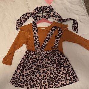 Leopard Print Suspender Skirt Set with Headband
